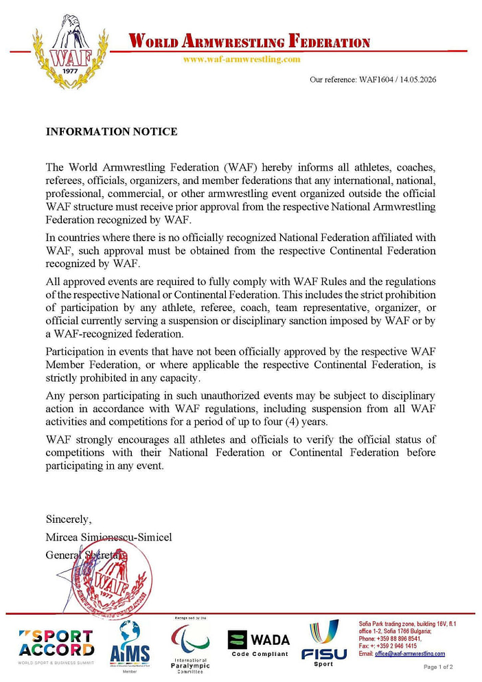 WAF LETTER WAF World Armwrestling Federation